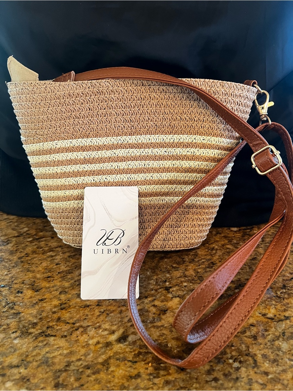 Uibrn Natural Straw Crossbody purse Brown Leather Strap light brown w beige